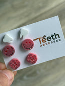 Dental Earring Trio: Tooth, Molar & Pink Smiling Tooth Studs